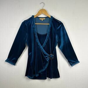 Woman's Velvet Teal‎ Semi Wrap Shirt -Size Medium Y2K Vintage Whimsygoth